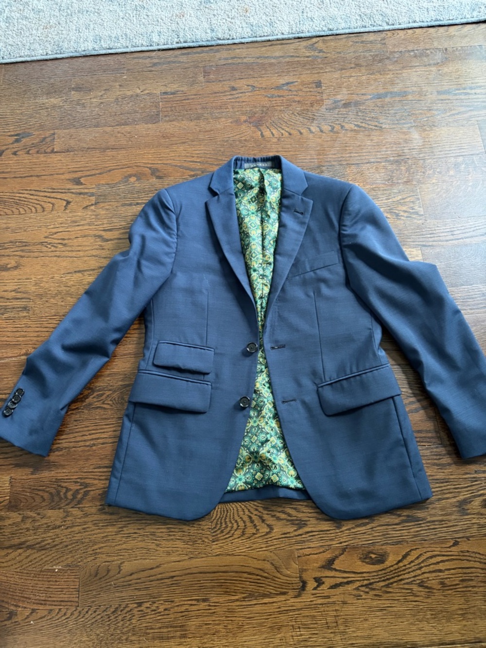 Indochino luxury Men's Navy Blue Two-Button Blazer with Patterned Green Lining